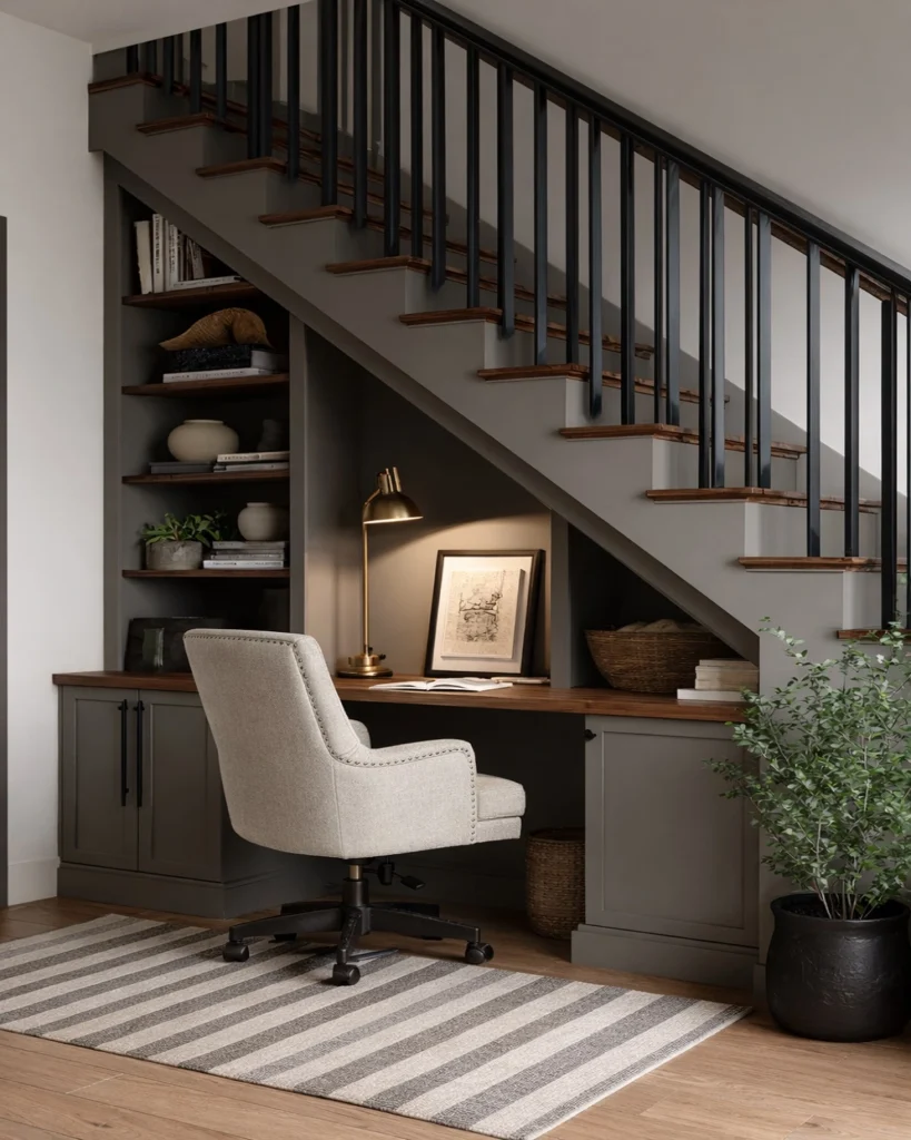 Cozy under stairs home office featuring a built-in desk, open shelving, a cushioned office chair, and a striped rug beneath a modern staircase.