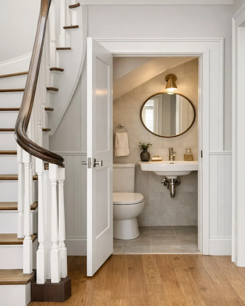 Hidden under stairs powder room featuring a compact sink, toilet, round mirror, and soft lighting tucked beneath a staircase.