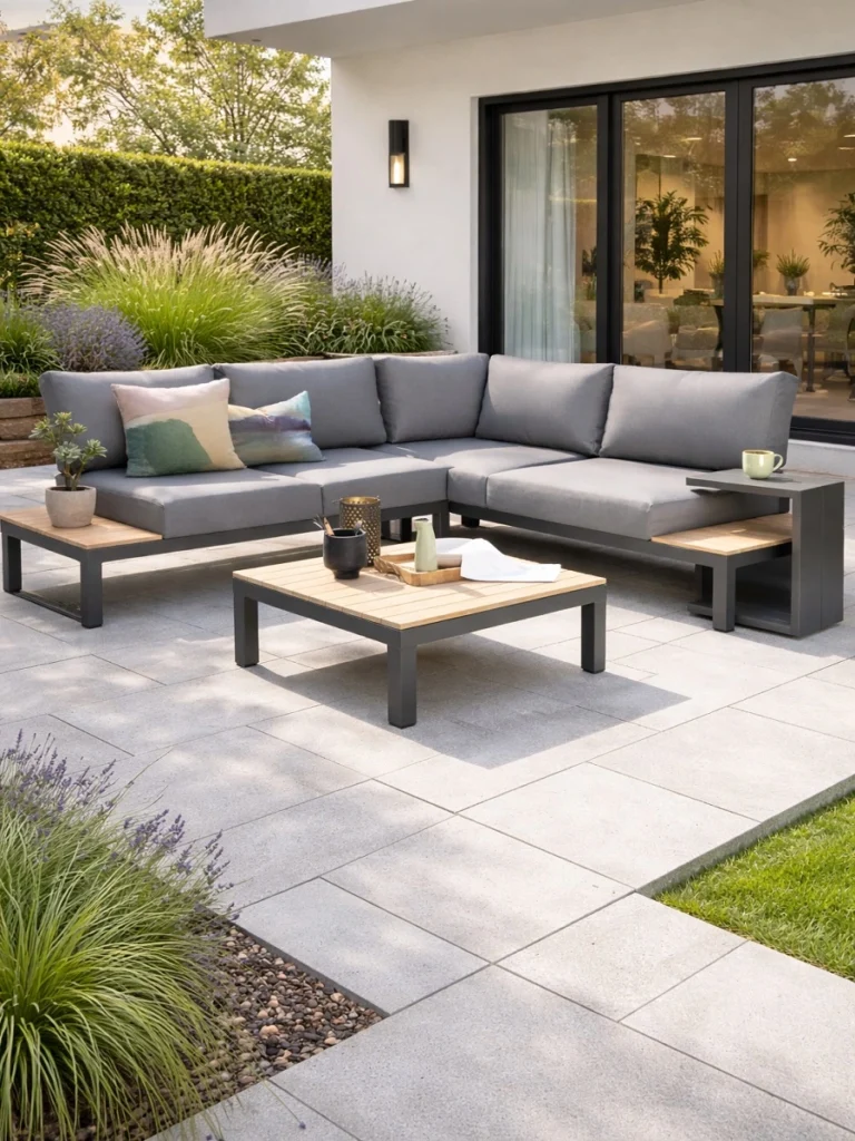L-shaped aluminum patio sectional with gray outdoor cushions and a matching coffee table, arranged on a stone patio outside a modern home.