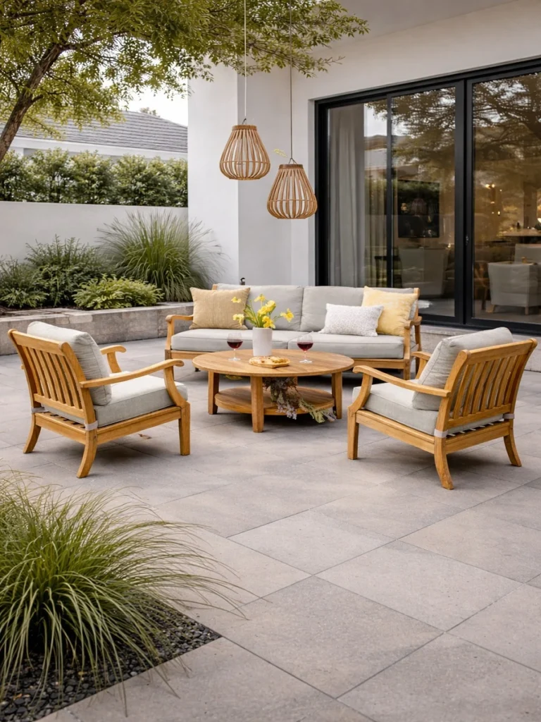 Teak wood patio furniture set with a sofa, two armchairs, and a round coffee table arranged on a modern stone patio outside a contemporary home.