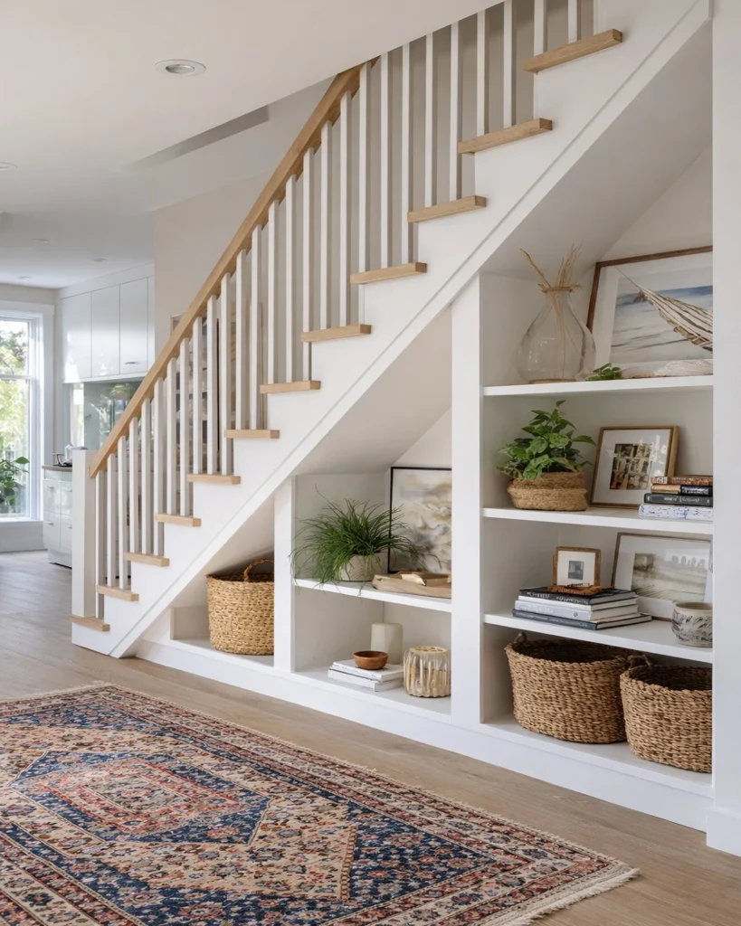 Open under stairs shelving with white built-in shelves holding books, woven baskets, plants, and decor beneath a staircase, finished with a Persian rug on the floor.
