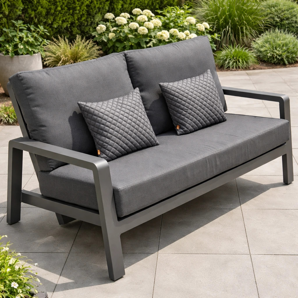 Close-up view of an aluminum outdoor loveseat with dark gray weather-resistant fabric cushions and quilted throw pillows on a tiled patio.