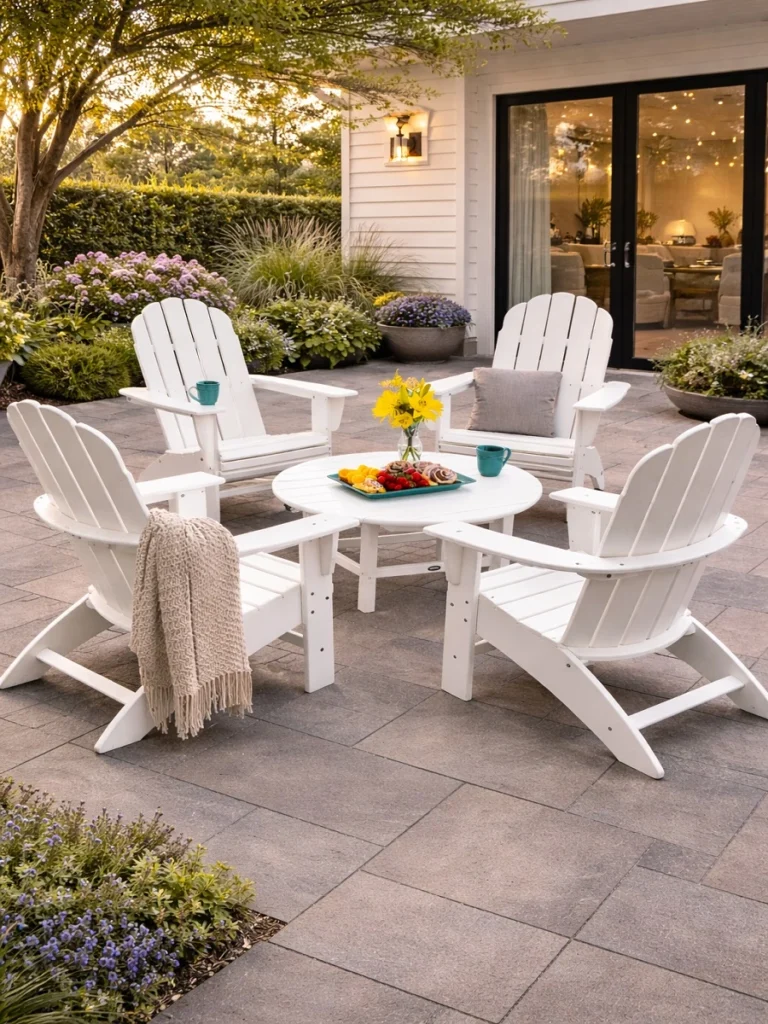 White poly lumber Adirondack chairs arranged around a round outdoor table on a paved backyard patio, set outside a modern home with landscaped greenery.