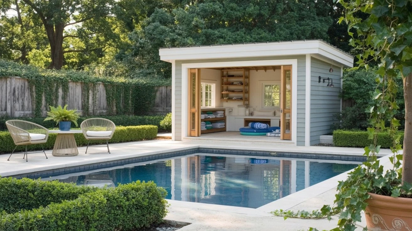 Small backyard pool with a compact, budget-friendly pool house featuring open shelving, towel storage, and a simple, practical design