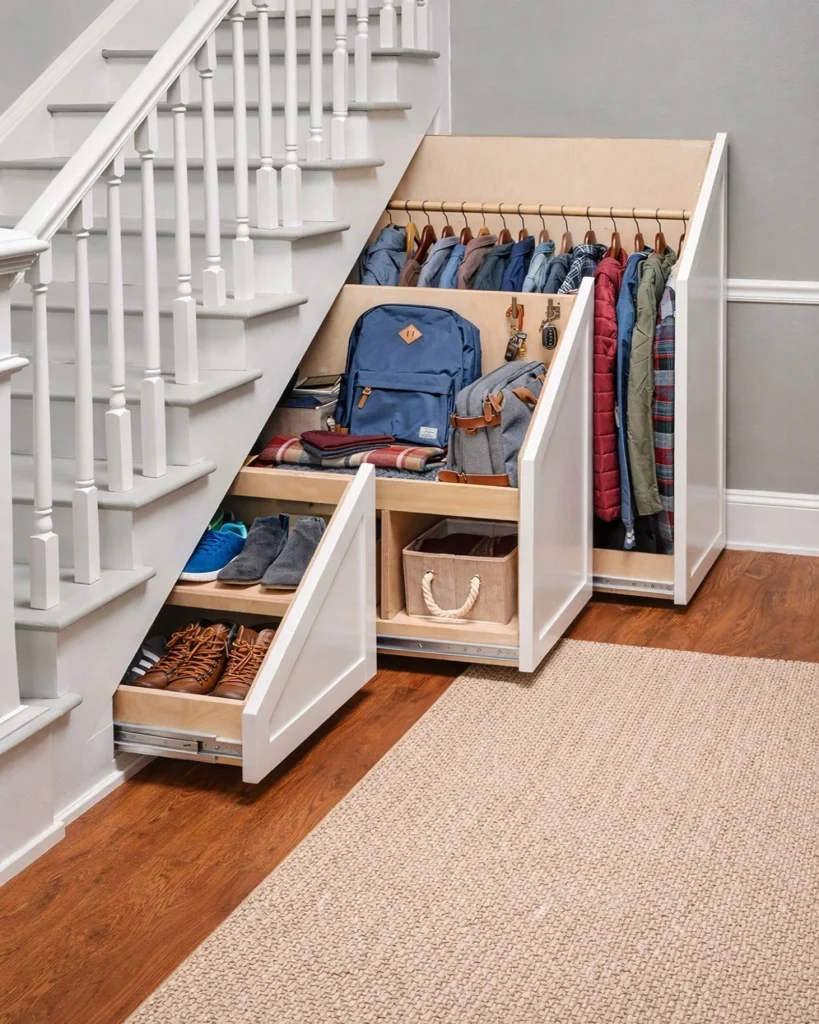 Under stairs pull-out storage featuring deep drawers for shoes and bags, a built-in hanging rail for coats, and a neutral carpet beneath a white staircase.