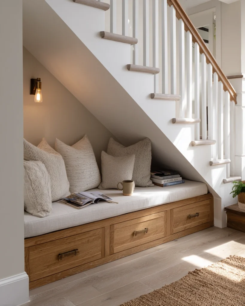 Under stairs reading nook featuring a built-in bench with cushions, integrated storage drawers, soft lighting, and a cozy seating area beneath the staircase.