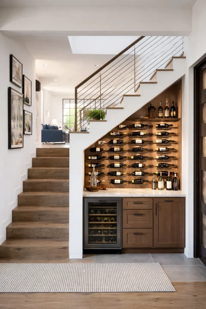 Under stairs wine storage featuring wall-mounted bottle racks, a built-in beverage station with wine fridge, and a modern staircase with a gallery wall.