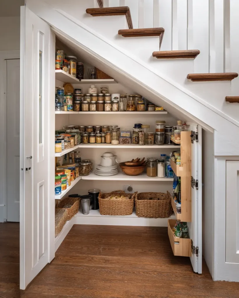 Under the stairs pantry with open white shelving, neatly organized food containers and canned goods, partially visible staircase, and a compact pantry layout.