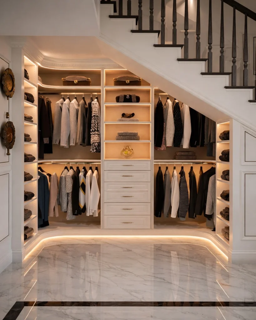 Under the stairs wardrobe featuring built-in hanging rails, drawers, open shelving, and soft integrated lighting beneath a staircase.