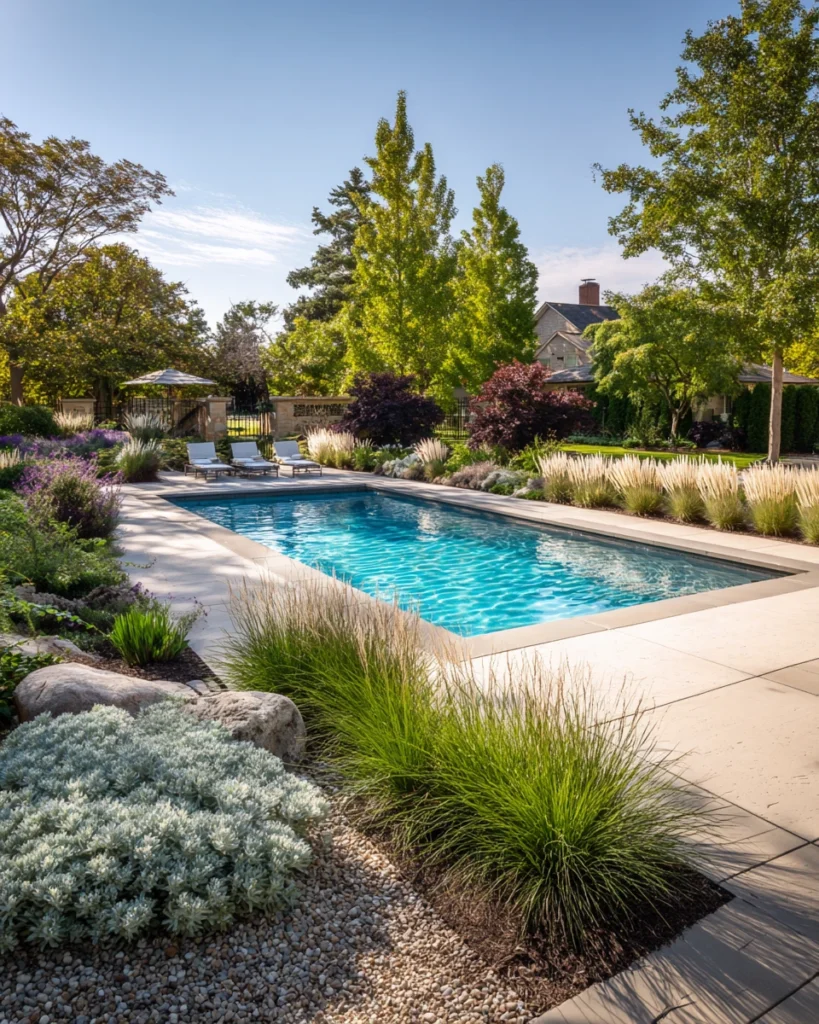 A backyard pool designed with low-maintenance landscaping, featuring ornamental grasses, gravel beds, and clean concrete decking for easy care.
