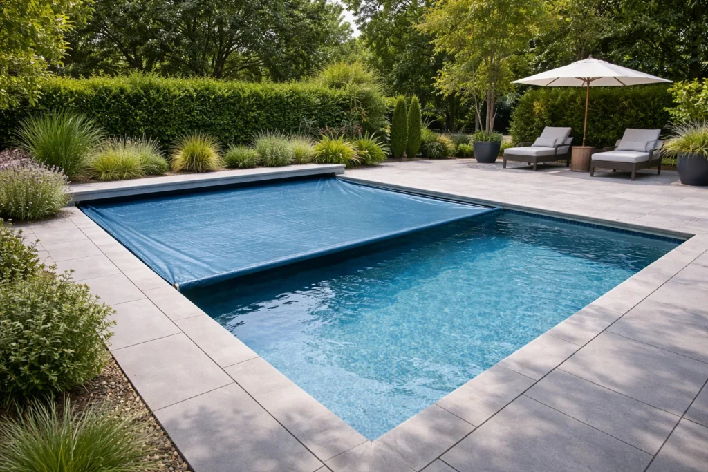 A modern residential pool featuring an automatic pool cover, clean rectangular design, and easy-care landscaping for low-maintenance outdoor living.