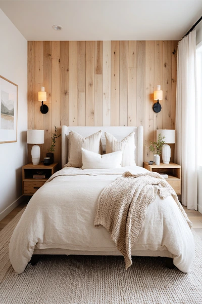 Cozy Bedroom with Light Wood Accent Wall