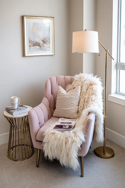 Cozy Reading Nook with Soft Blush Accents