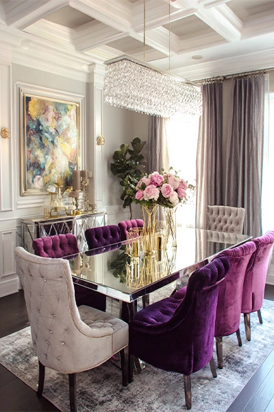 Elegant Dining Room with Jewel Tones & Mirrored Accents