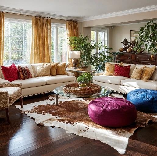 Layered Living Room with Cowhide Rug and Warm Textures
