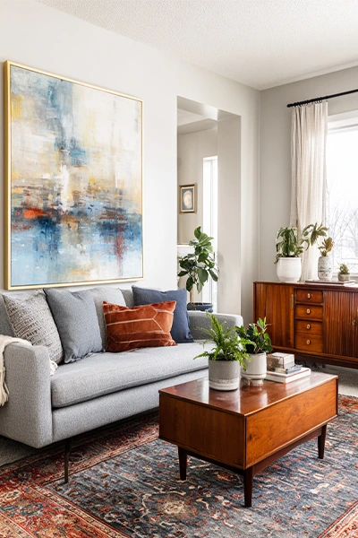 Mid-Century Modern Living Room with Warm Wood Accents