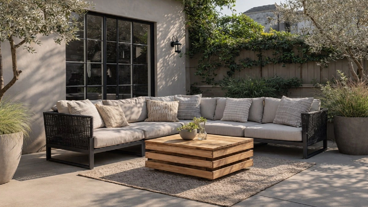 Modern backyard patio featuring an aluminum sectional sofa with neutral outdoor cushions and a teak coffee table, styled in a clean, sunlit residential setting.