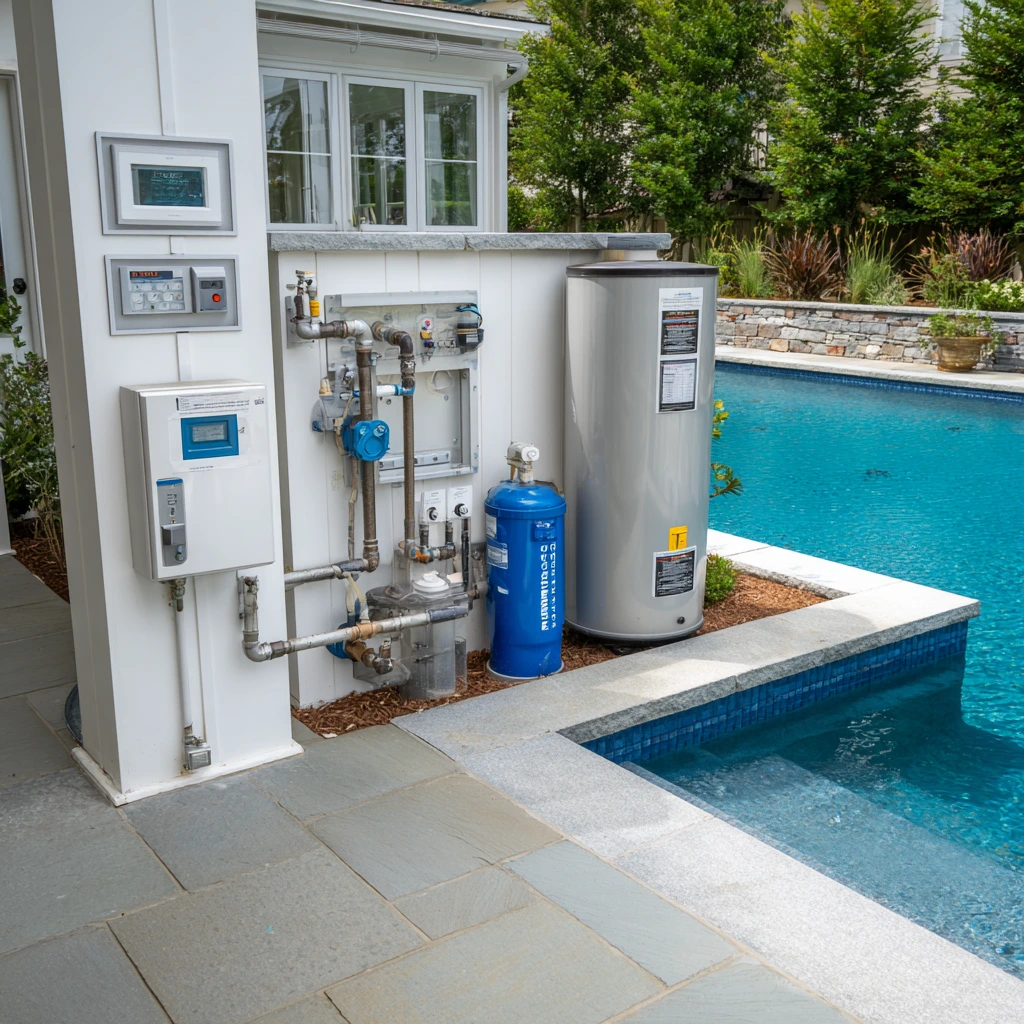 Neatly organized pool equipment area with automated controls, filtration system, and heater beside a residential swimming pool