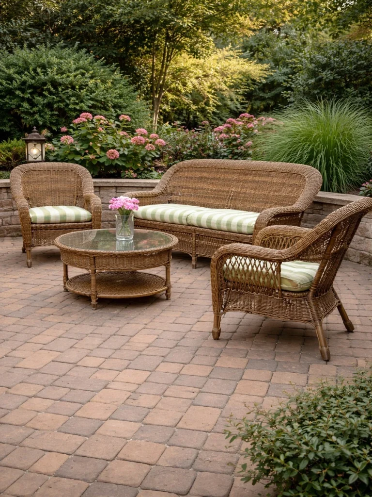 Resin wicker patio furniture set with a woven sofa, two armchairs, and a round glass-top table arranged on a stone paver patio surrounded by greenery.