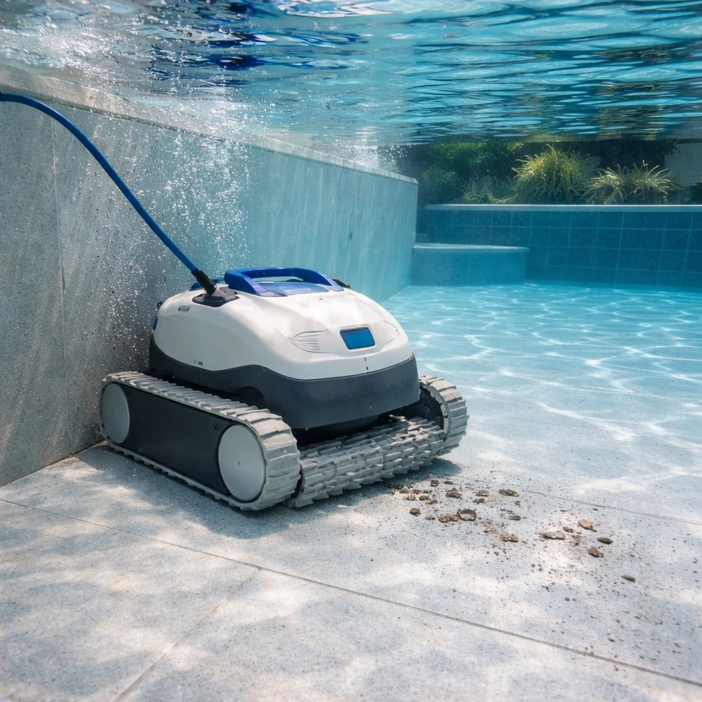 Robotic pool cleaner operating underwater in a modern residential swimming pool with light-colored finishes