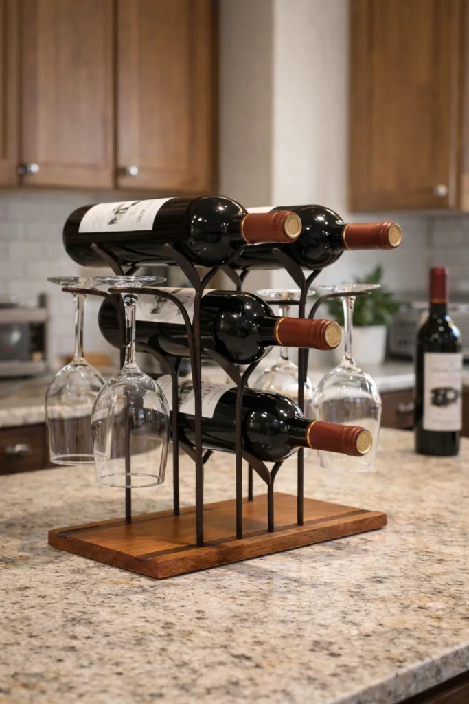 Countertop wine rack holding wine bottles and hanging glasses on a kitchen counter.
