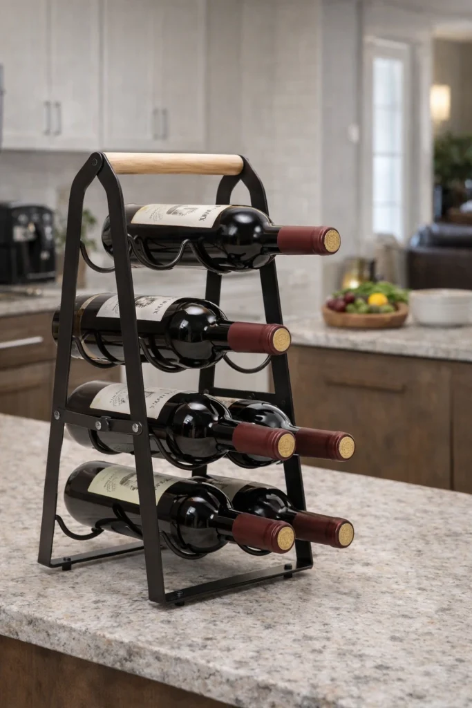 Freestanding countertop wine rack holding six bottles on a kitchen counter.