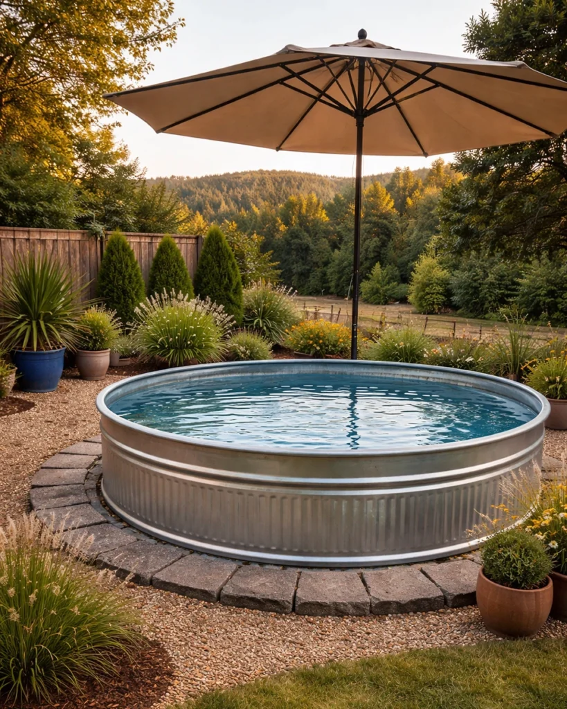 Galvanized stock tank above ground pool on gravel base with umbrella and landscaping in a small backyard.