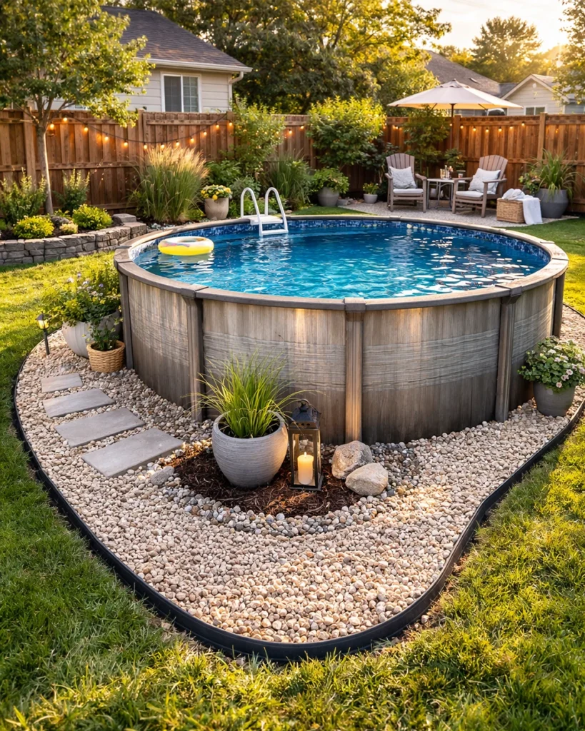 Round above ground pool with gravel border, stepping stones, and landscaping in a suburban backyard.