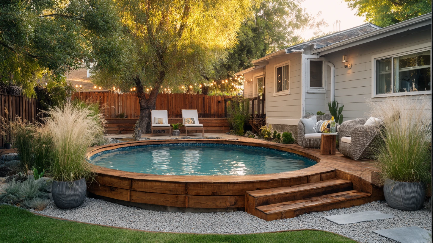 Round above ground pool with wood-clad exterior, partial deck, and gravel border in a landscaped suburban backyard at sunset.