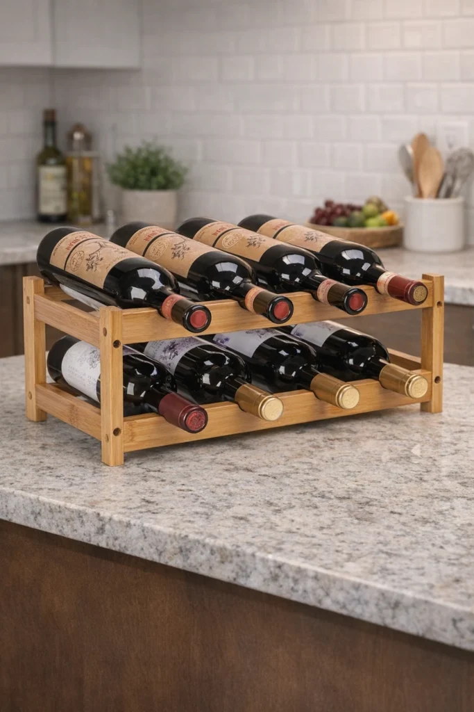 Two-tier bamboo wine rack holding eight bottles on a kitchen countertop.
