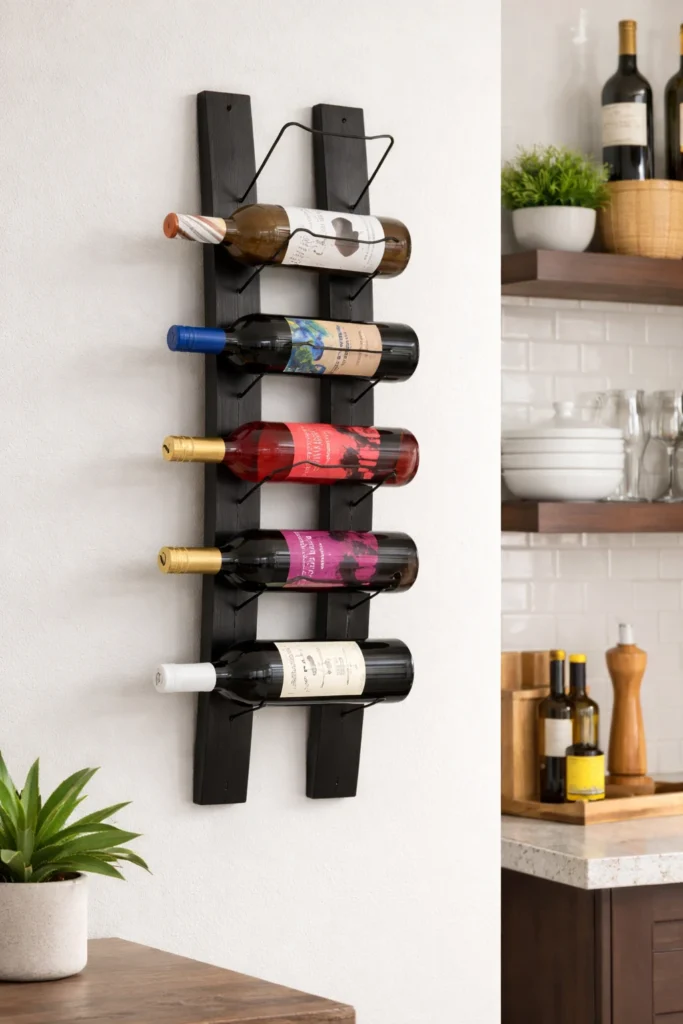 Vertical wall-mounted wine rack holding five bottles in a modern kitchen, ideal for saving counter space.