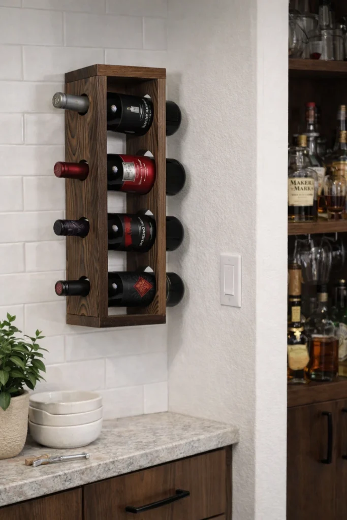 Vertical wall-mounted wooden wine rack holding four bottles in a kitchen bar area.