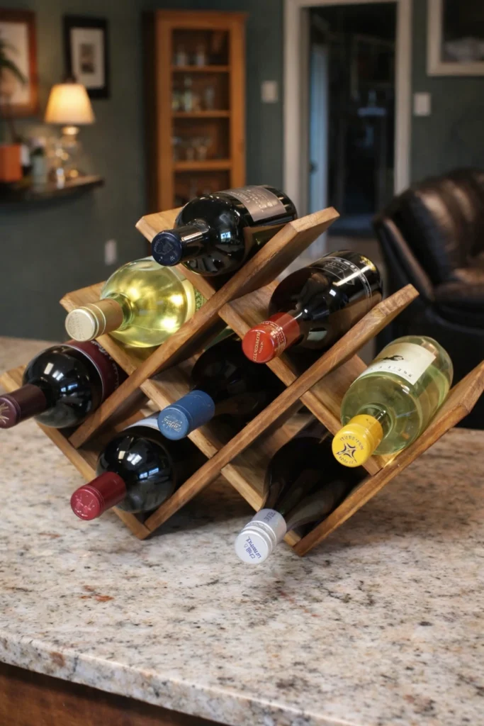 Wooden countertop wine rack holding multiple bottles on a kitchen island in a lived-in home.