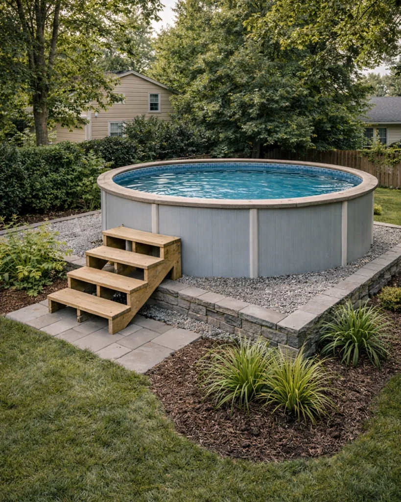 Round above ground pool elevated on a gravel and paver base with simple wooden steps in a suburban backyard.