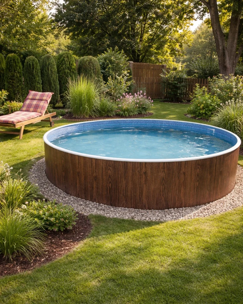 Round above ground pool with wood-look exterior surrounded by gravel border and layered landscaping in a suburban backyard.