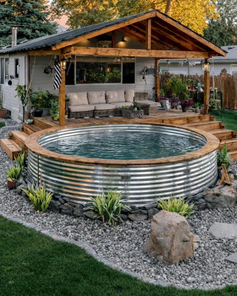 Galvanized stock tank above ground pool with gravel surround and covered patio seating in a suburban backyard.