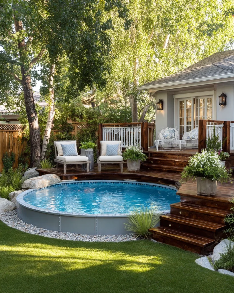 Round above ground pool with partial wooden deck, tiered steps, and landscaped suburban backyard.