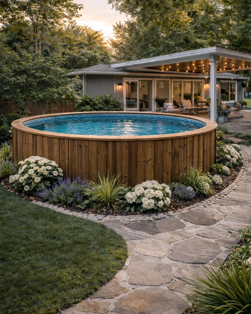 Round above ground pool wrapped in vertical wood panels with landscaped flower border and modern covered patio in a suburban backyard at sunset.