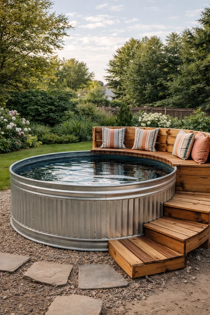 Galvanized stock tank above ground pool with built-in wooden bench seating in a landscaped suburban backyard.