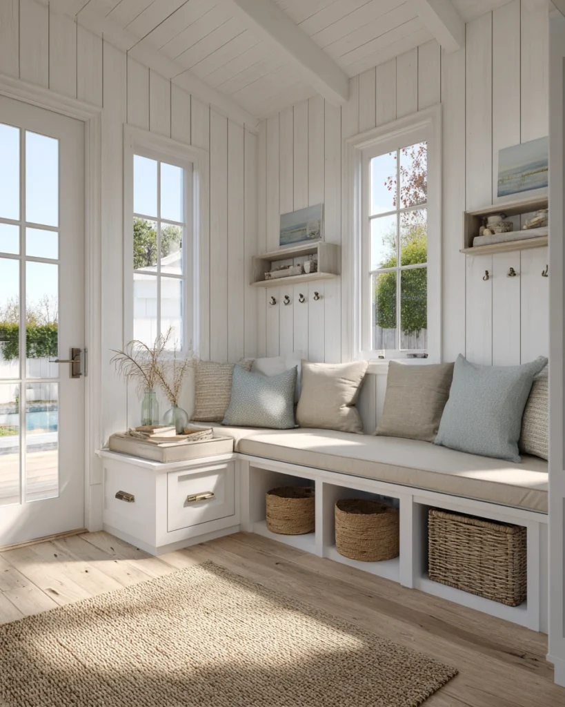 Bright coastal-style pool house interior with bench seating, woven baskets, and pool towel storage