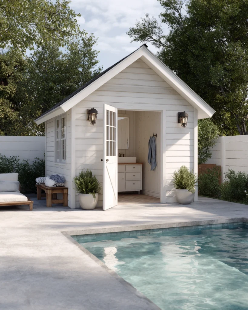 Small pool house with bathroom and towel hooks beside a residential swimming pool