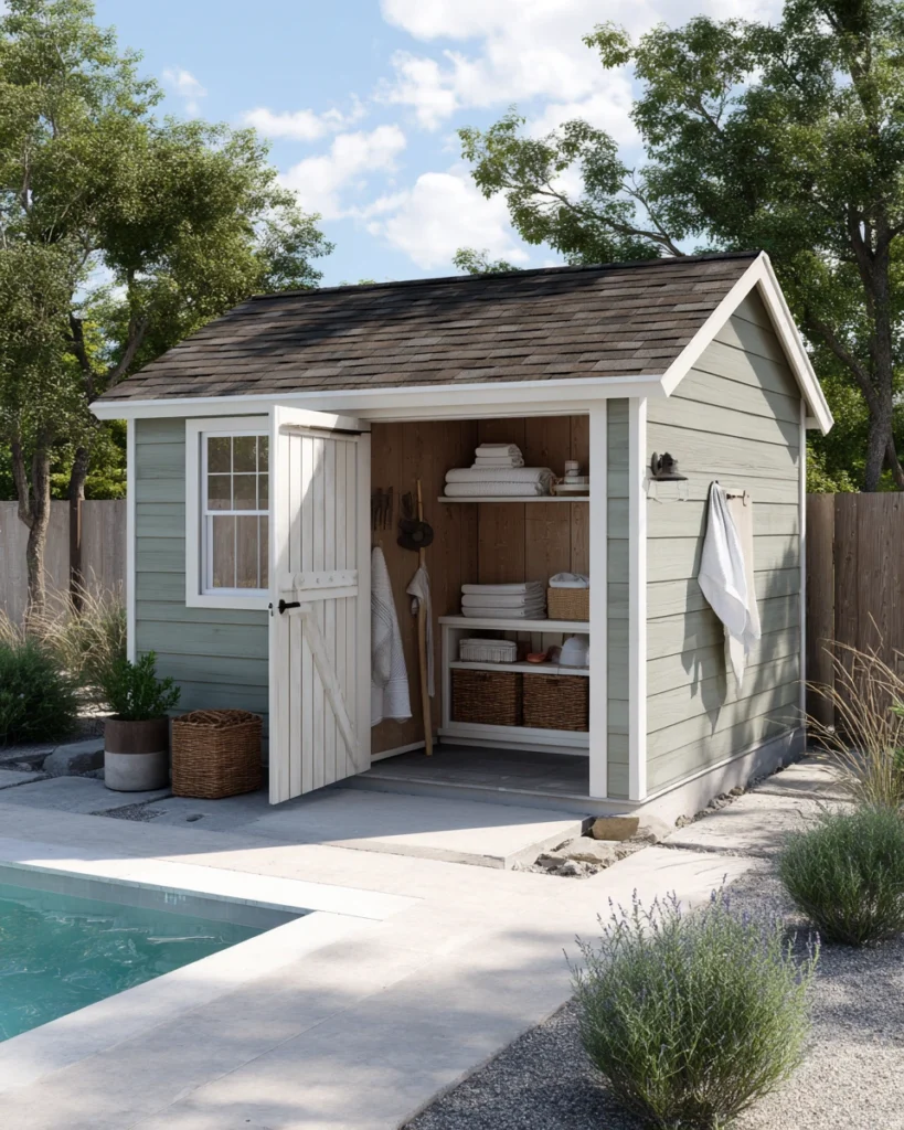Garden shed converted into a functional backyard pool house with storage and towel hooks