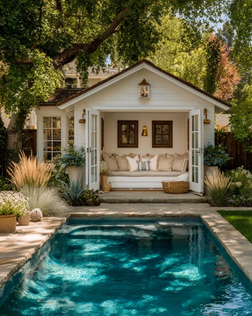 Compact corner pool house with built-in bench seating positioned beside a backyard swimming pool