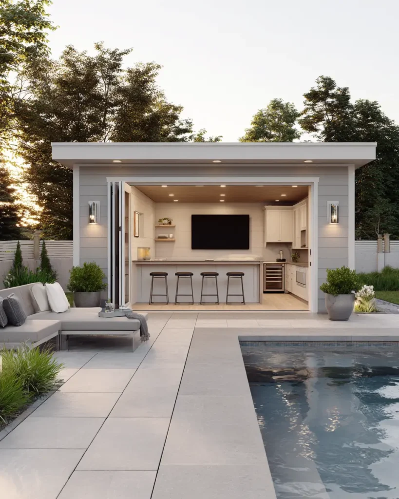 Pool house with outdoor bar seating and media wall designed for backyard entertaining