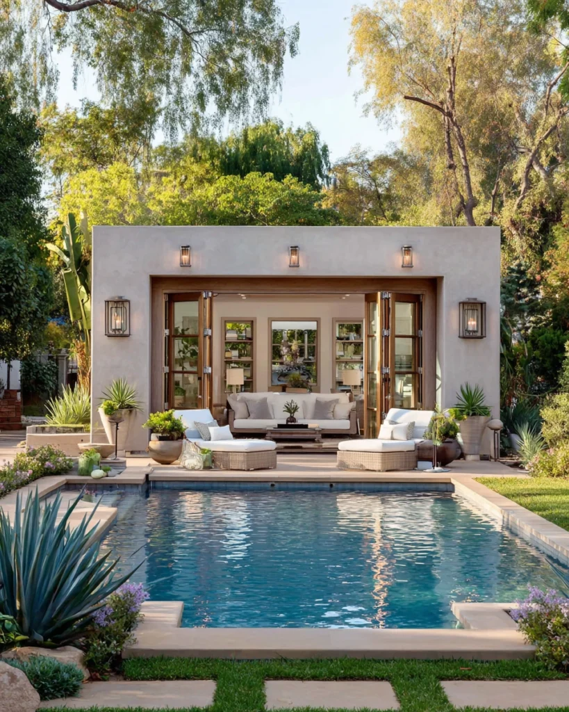 Modern glass-front pool house with sliding doors overlooking a backyard swimming pool