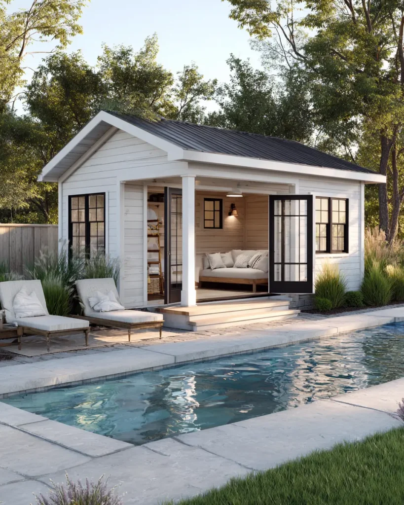 Backyard pool house with loft sleeping area and small lounge space near a swimming pool
