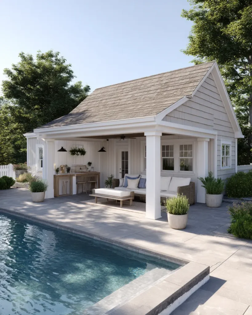 Covered patio extension with seating and storage serving as a pool house beside a backyard pool