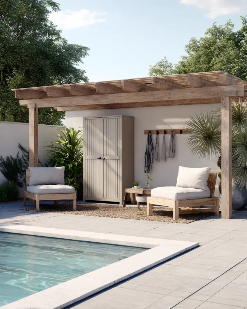 Wooden pergola shade structure with outdoor seating and storage cabinet beside a pool
