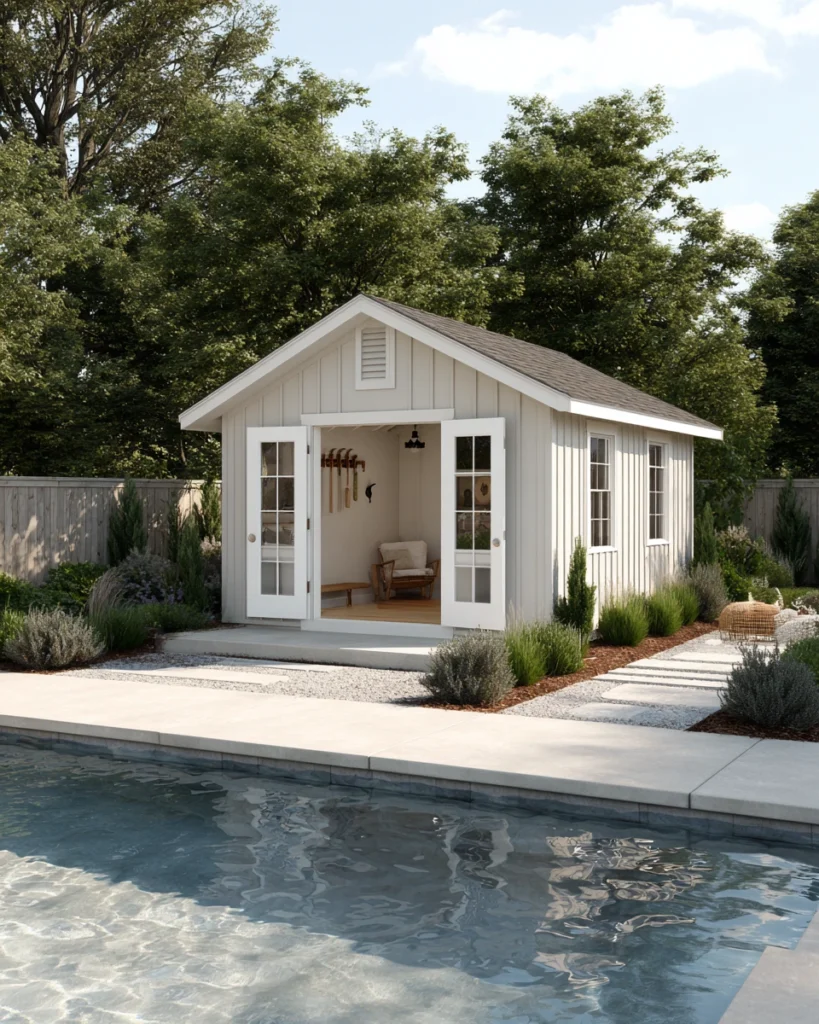 Small prefab pool house kit with double doors and storage beside a residential pool