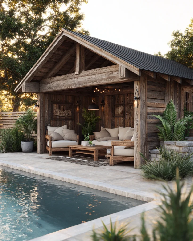 Rustic wood pool house with outdoor lounge seating and warm lighting beside a swimming pool